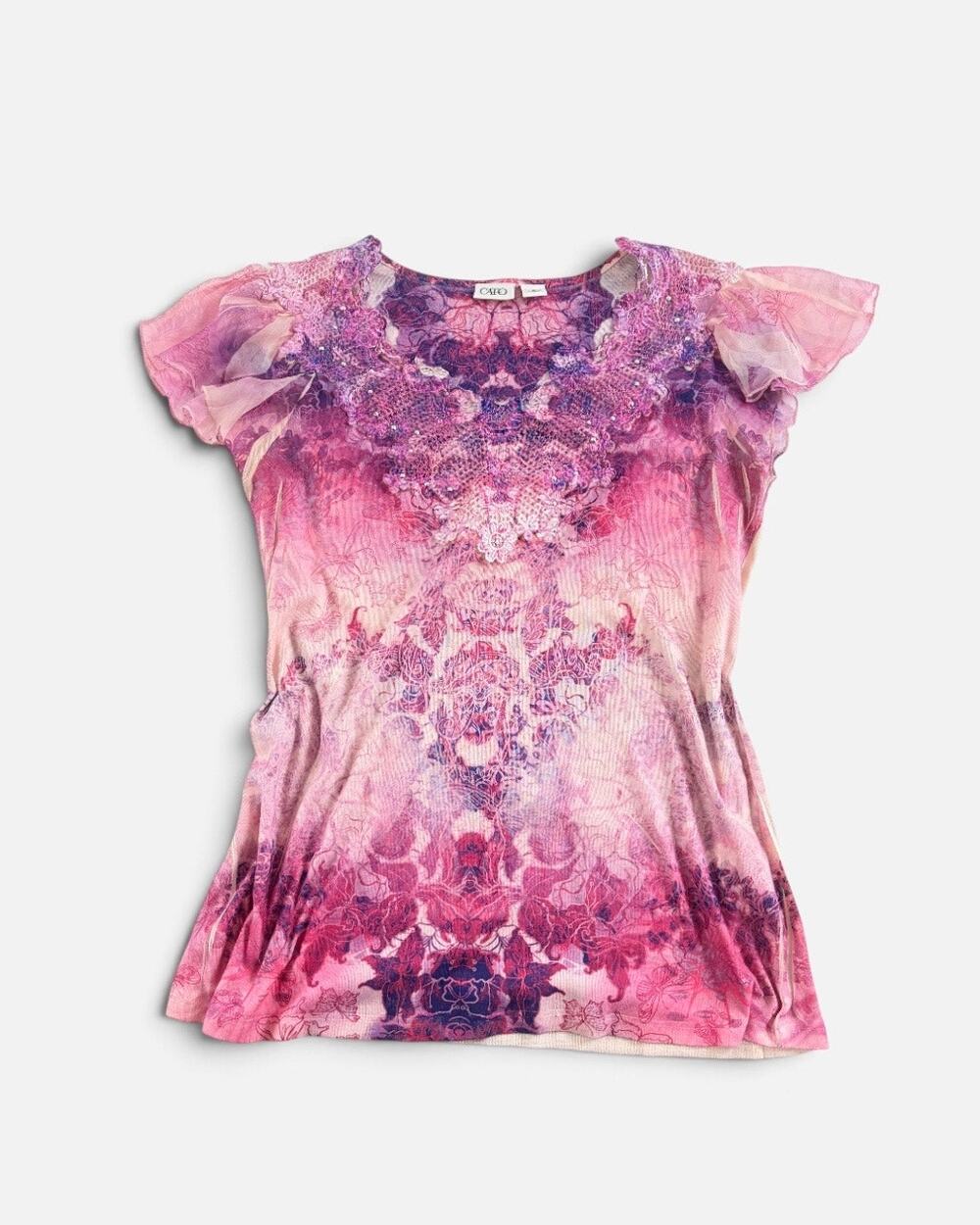 Vintage Y2k Fairycore Mesh Flutter Sleeve Top Embellished Cato Sz M